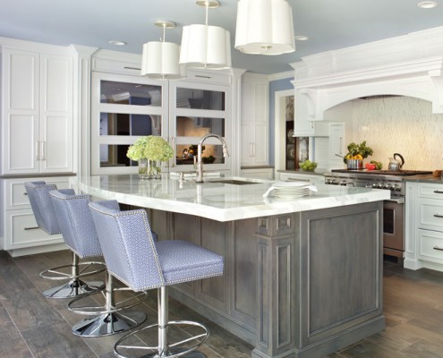 Transitional White Kitchen with Morning Mist Stain on Maple Island