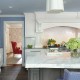 Transitional White Kitchen with Morning Mist Stain on Maple Island with Range Hood