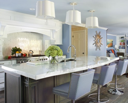 Range Hood Transitional White Kitchen with Morning Mist Stain on Maple Island