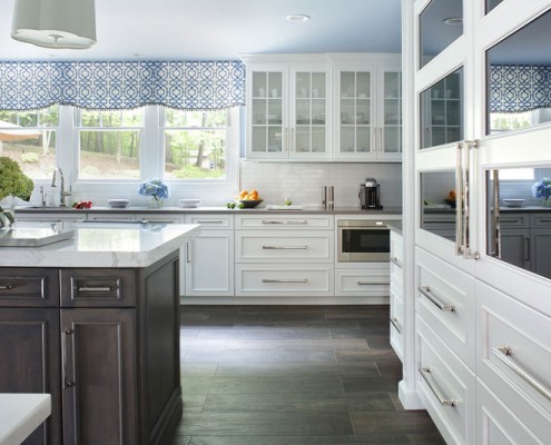 Transitional White Kitchen and Morning Mist Stain on Maple Island