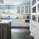 Transitional White Kitchen and Morning Mist Stain on Maple Island